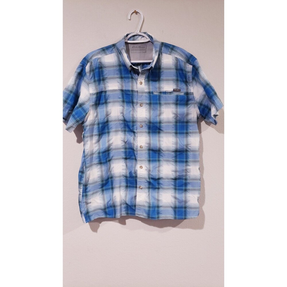 Eddie Bauer Shirt Mens Short Sleeve Polyester Nylon Lightweight Plaid (Size L)